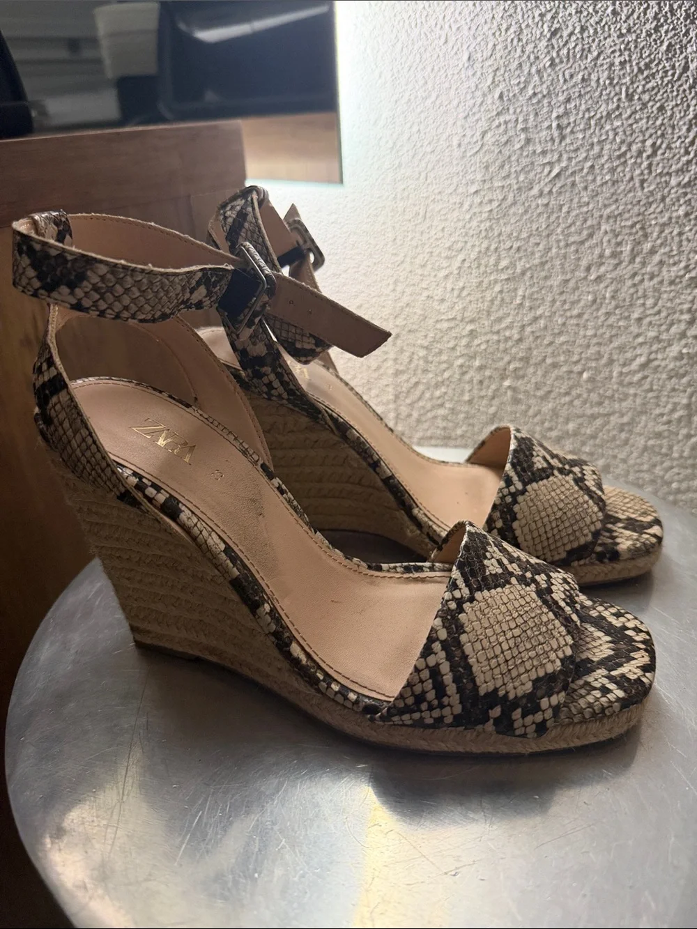 Zara Beige and Black Snake-Print Espadrille Wedge Sandals